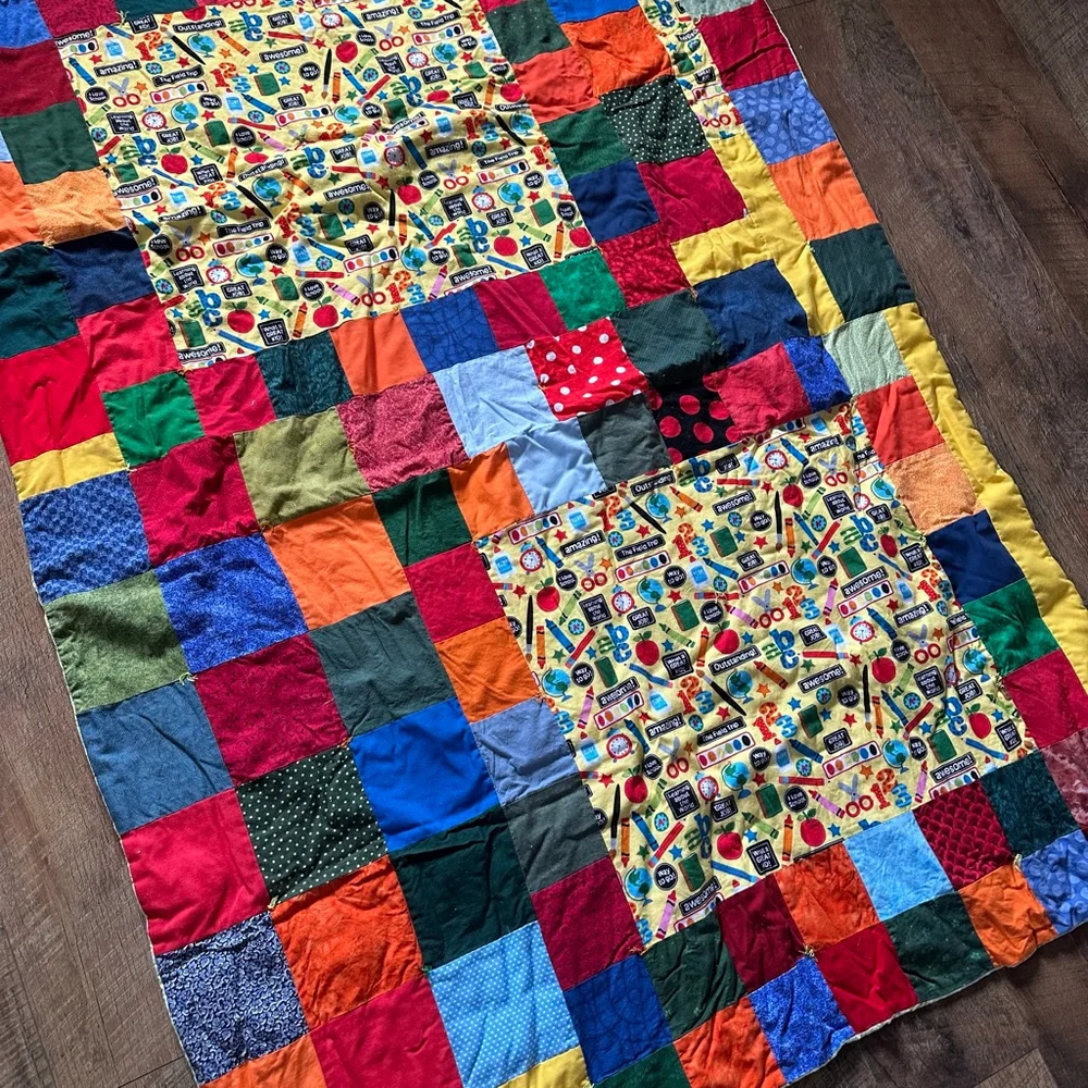 Multicolor Patchwork Twin Quilt with School Theme Handmade
